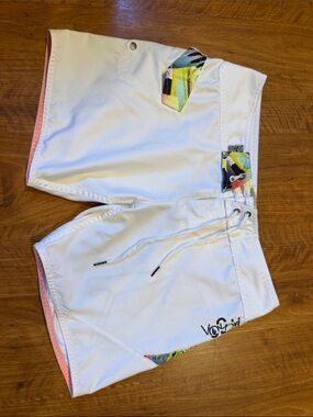 Volcom White Board Shorts with Tropical Neon Trim